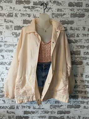 Vtg Soft Pink Peach Jacket Pastel Snap Button Oversized 1X 80s coastal
